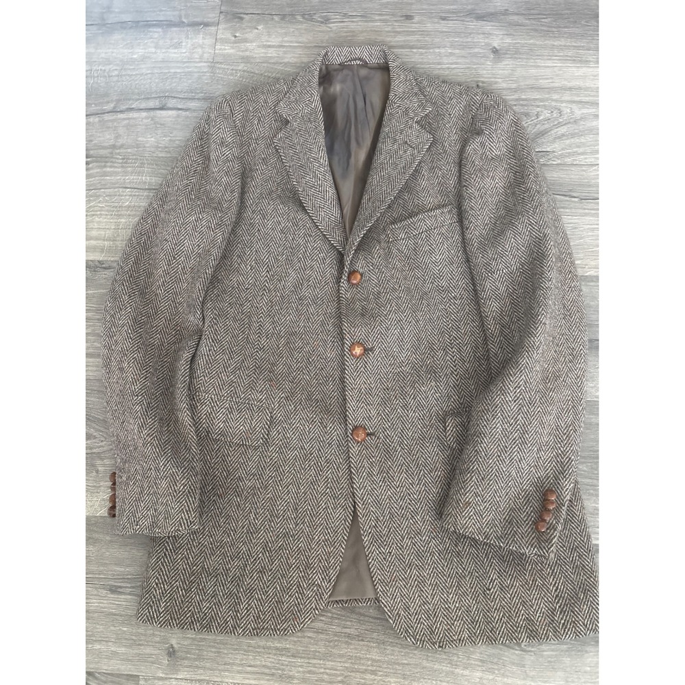 Chaps Ralph Lauren Vintage Wool Herringbone Tweed Blazer Brown Grey Mens